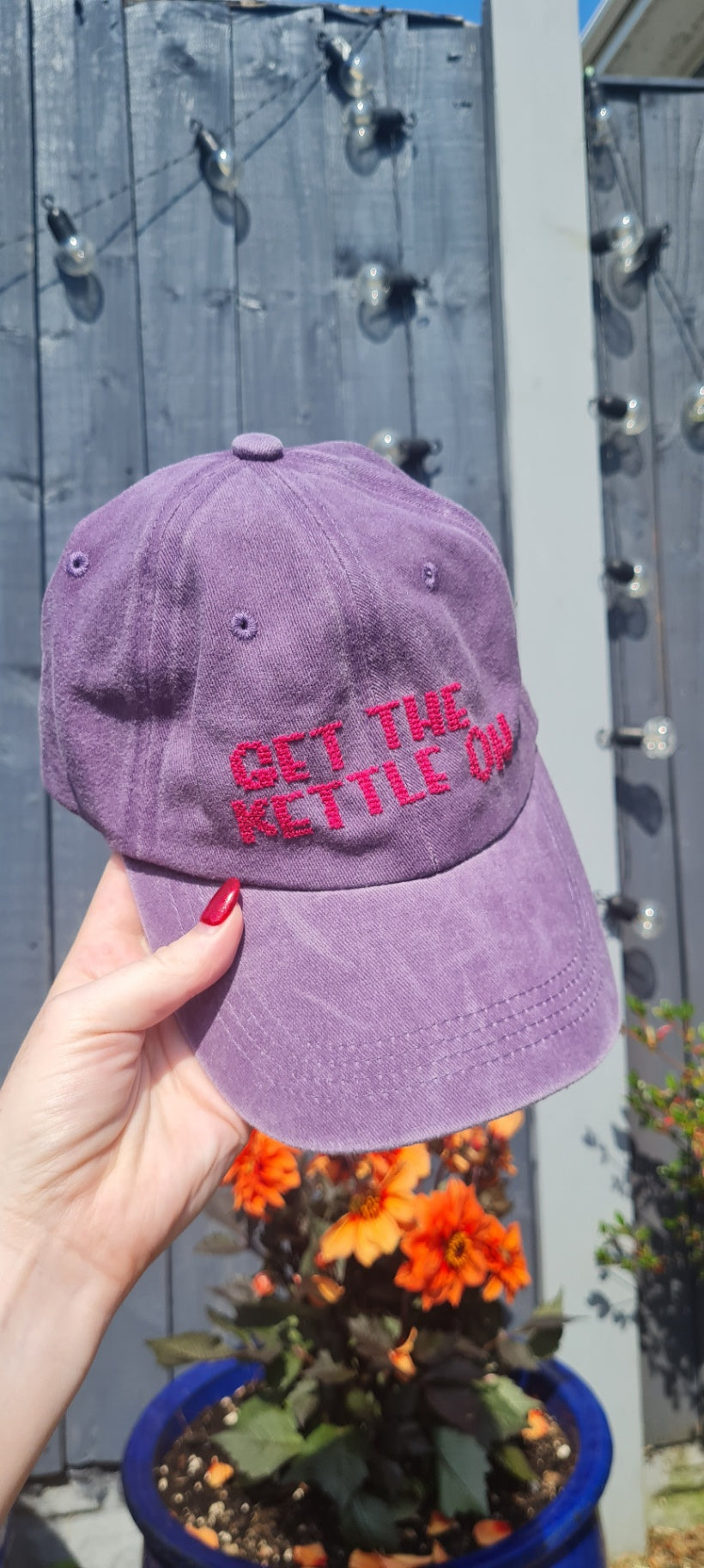 Get The Kettle On Purple Cross Stitch Cap
