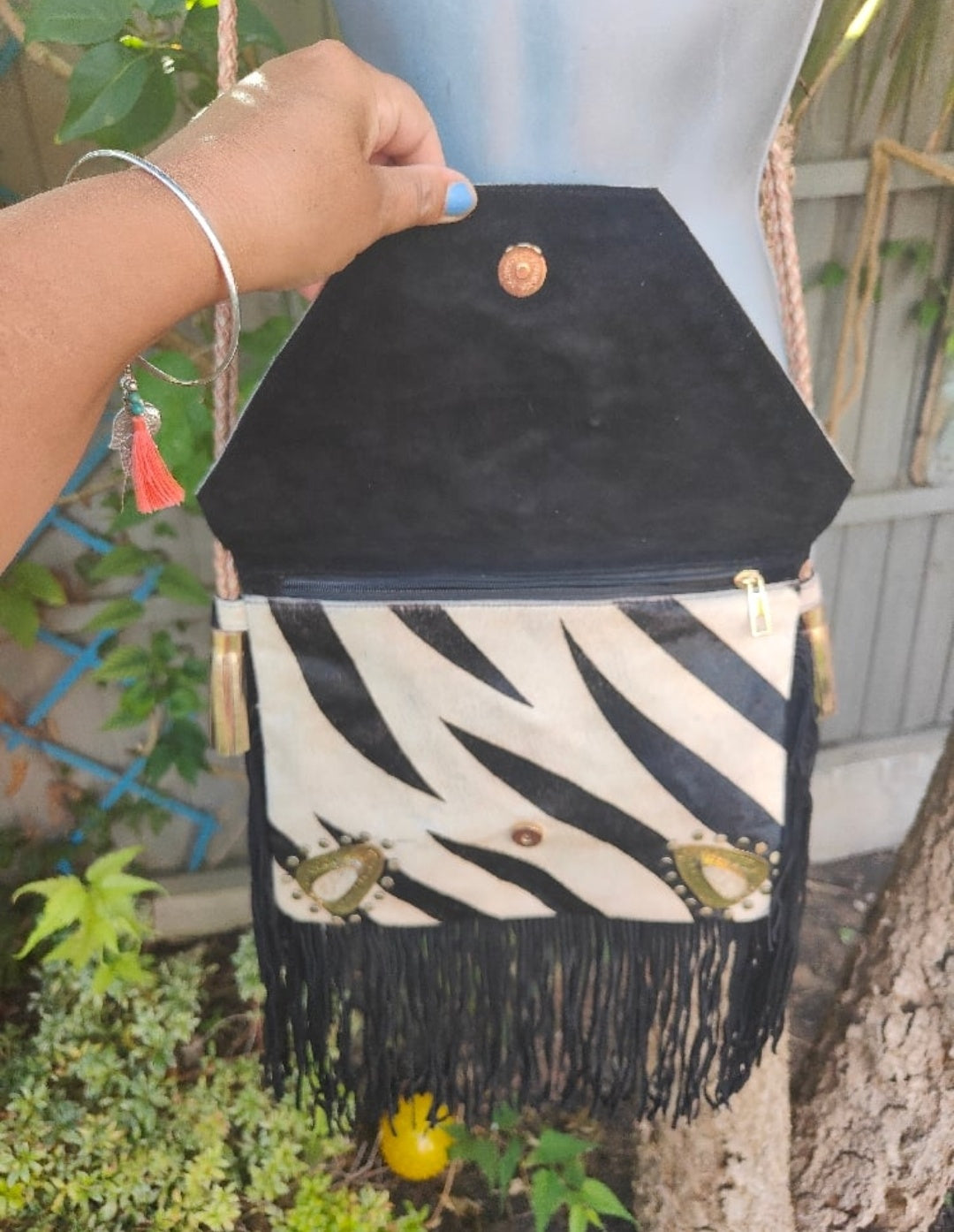 Yellowstone cross body bag with Moroccan stone detailing - Zebra