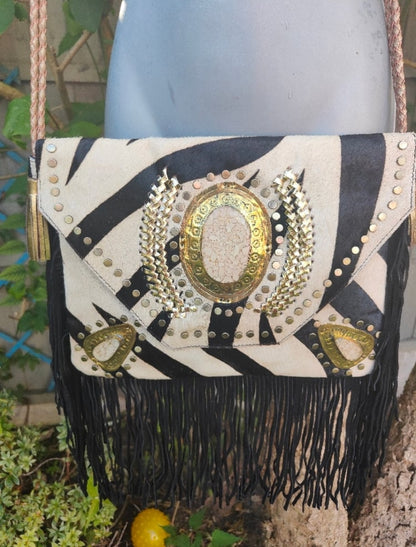 Yellowstone cross body bag with Moroccan stone detailing - Zebra
