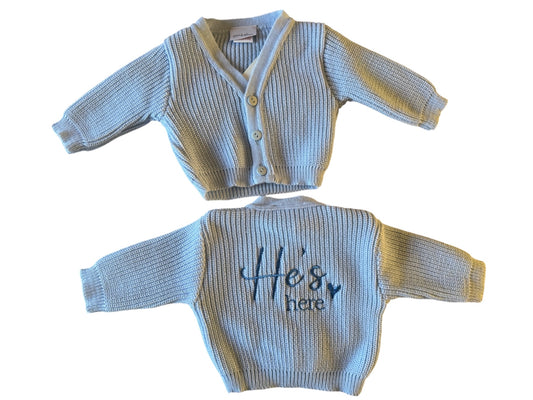 0-3m Blue ‘He’s Here’ Dandelion Cardigan