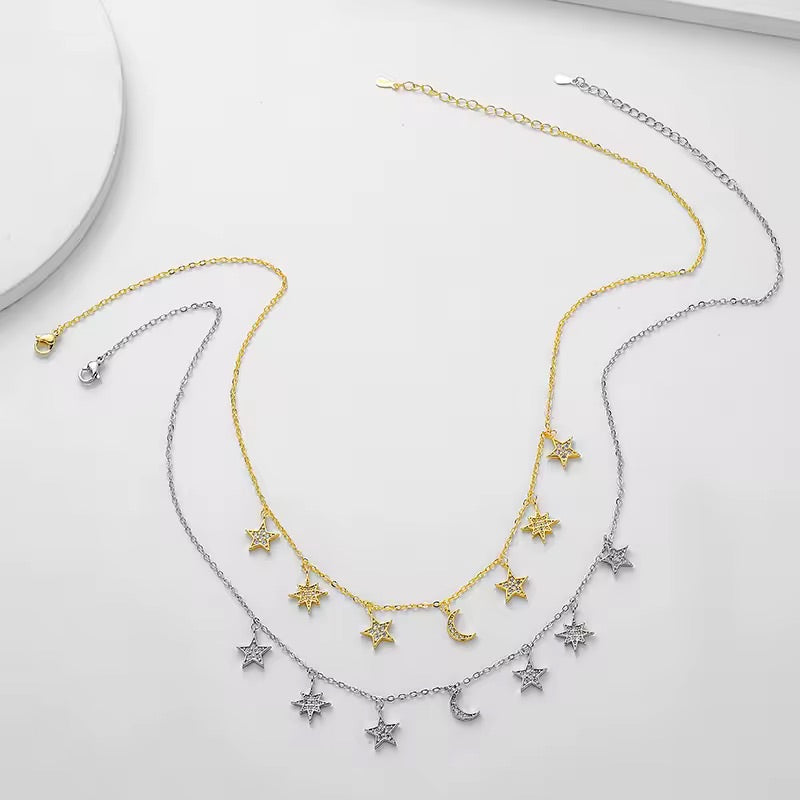Moon Star Crystal Charm Necklace Gold