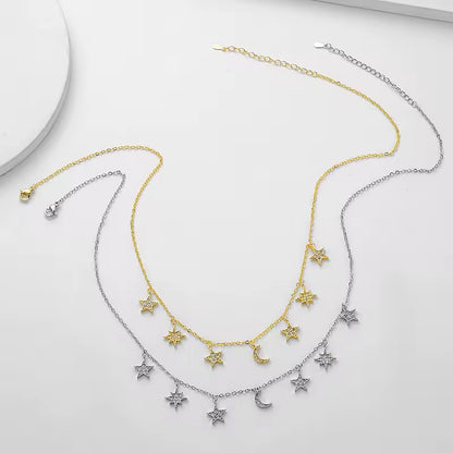 Moon Star Crystal Charm Necklace Silver