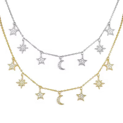 Moon Star Crystal Charm Necklace Silver