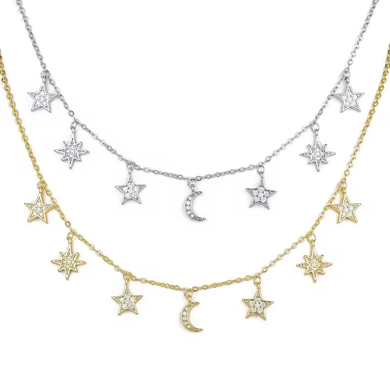 Moon Star Crystal Charm Necklace Gold