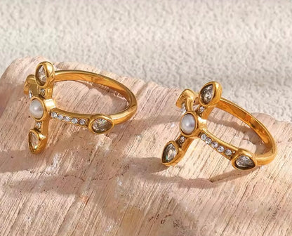 Pearl Halo Cross Ring Size 7