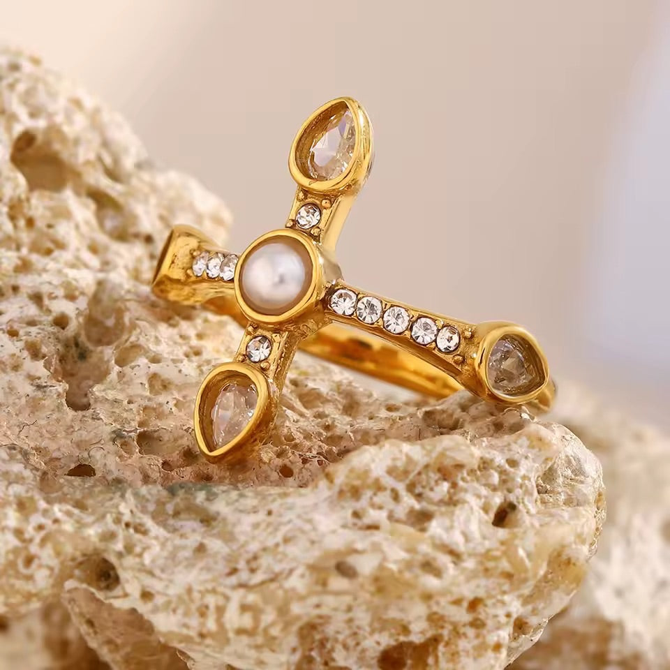 Pearl Halo Cross Ring Size 7