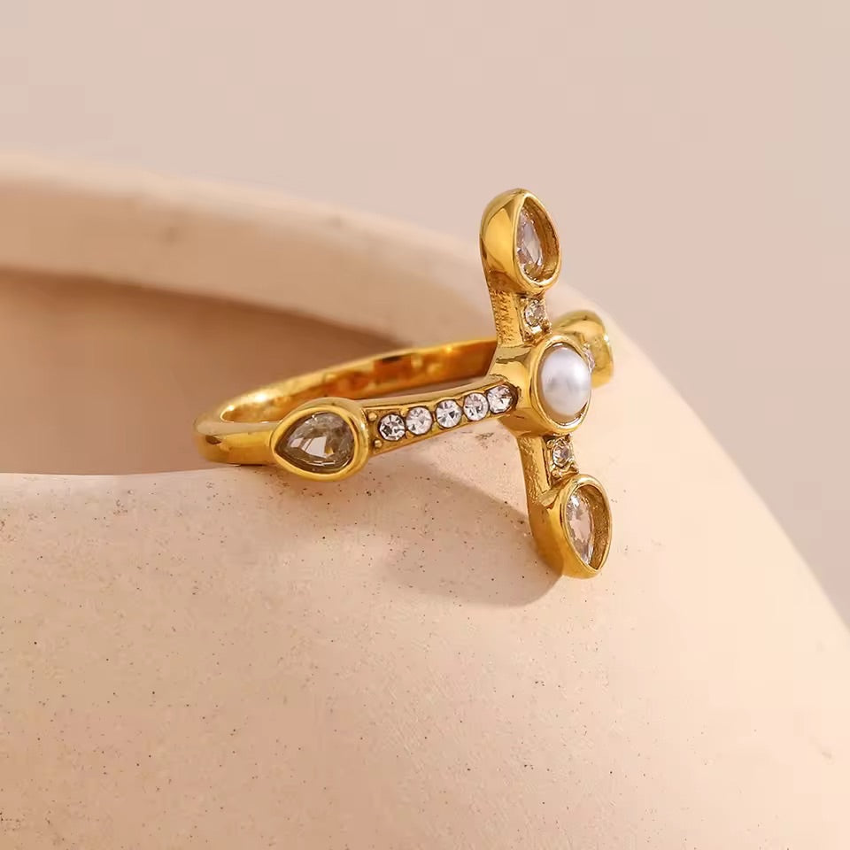 Pearl Halo Cross Ring Size 6