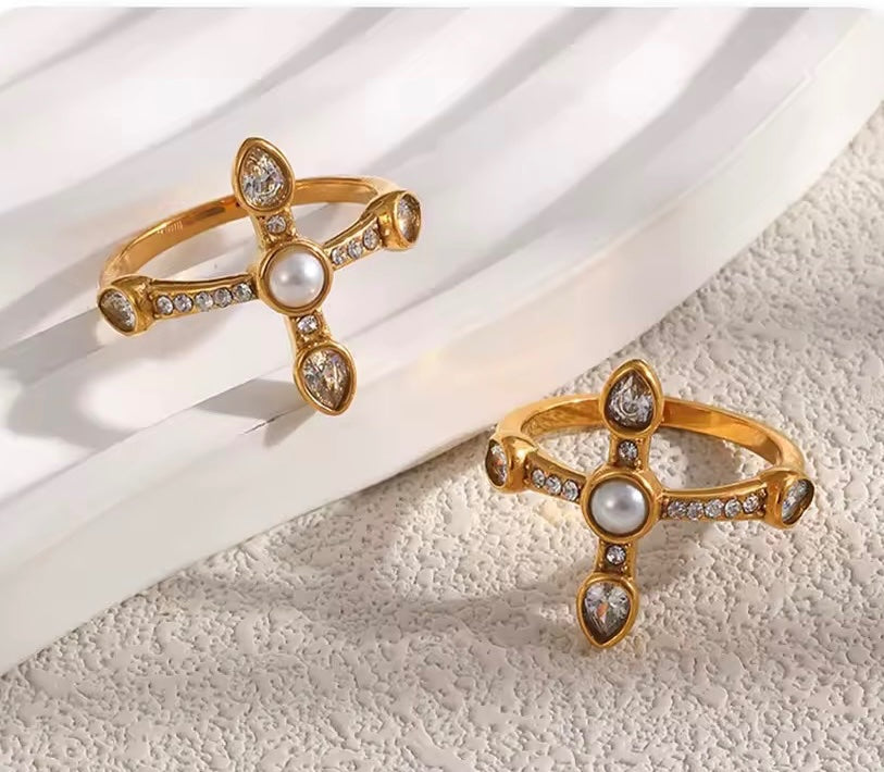 Pearl Halo Cross Ring Size 7