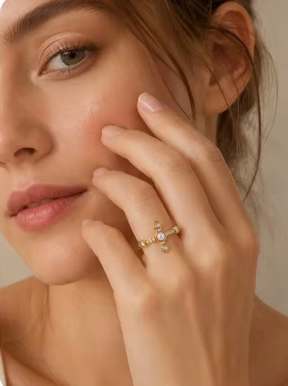 Pearl Halo Cross Ring Size 6