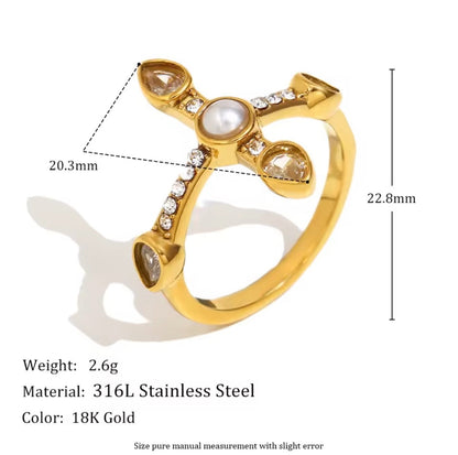 Pearl Halo Cross Ring Size 7