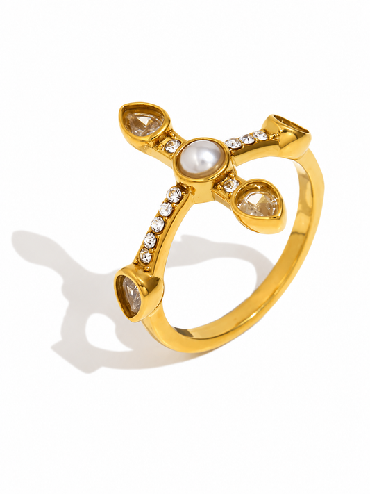 Pearl Halo Cross Ring Size 7