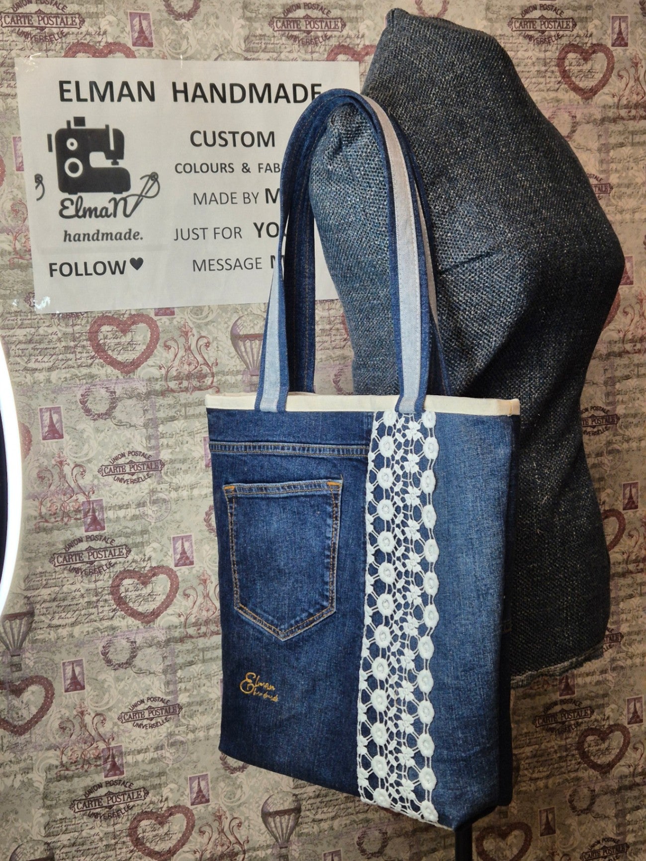 Denim&lace tote