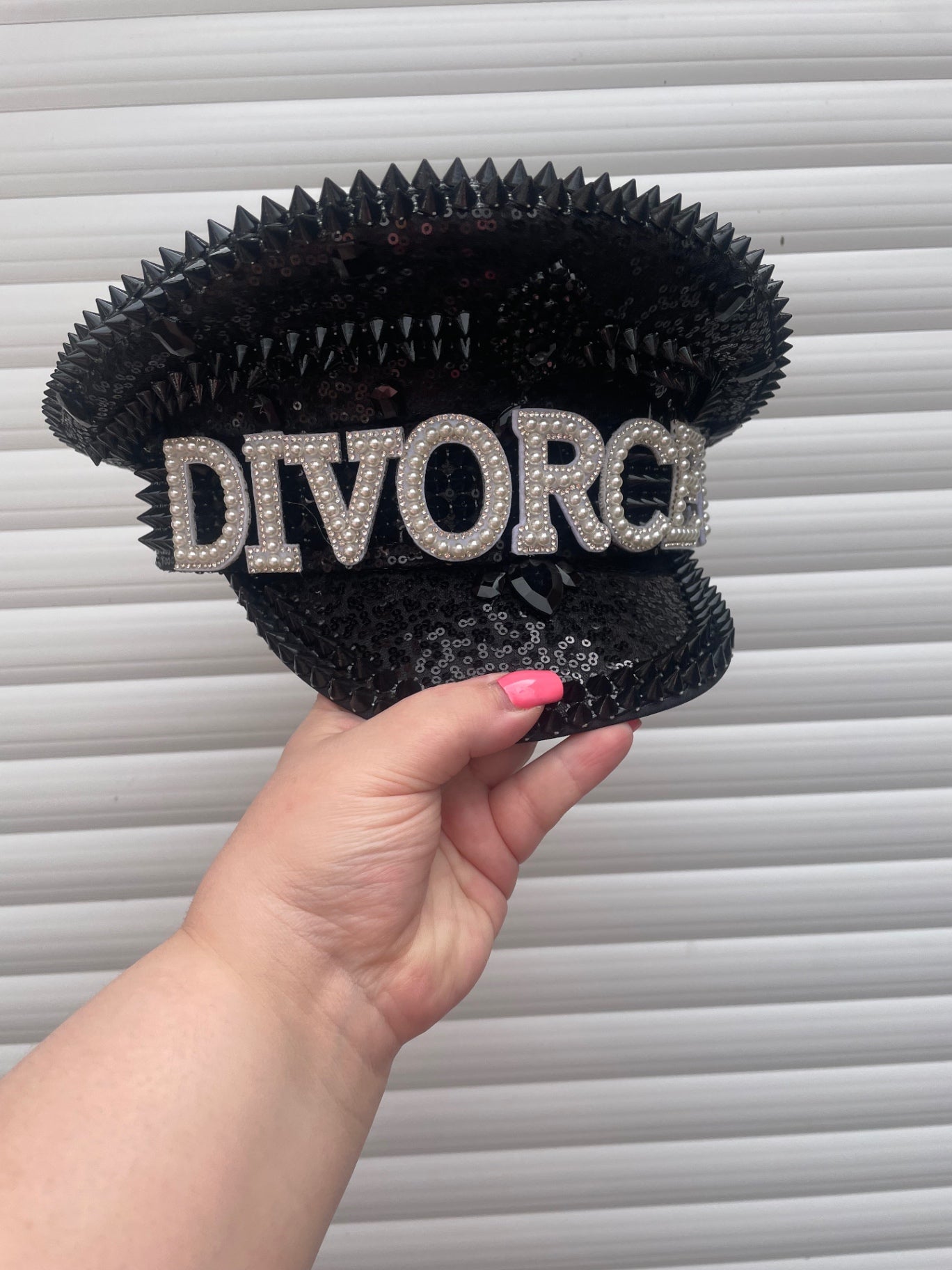 “DIVORCED" Pearl & Rhinestone Black Sequin Spiked Captain's Hat
