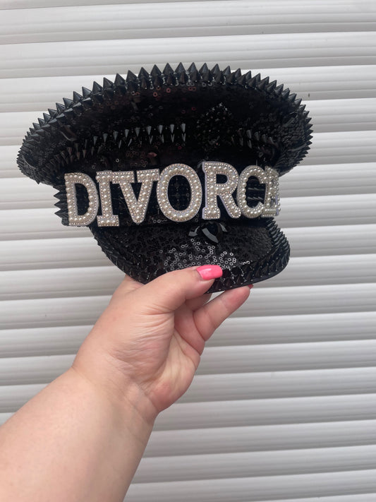 “DIVORCED" Pearl & Rhinestone Black Sequin Spiked Captain's Hat