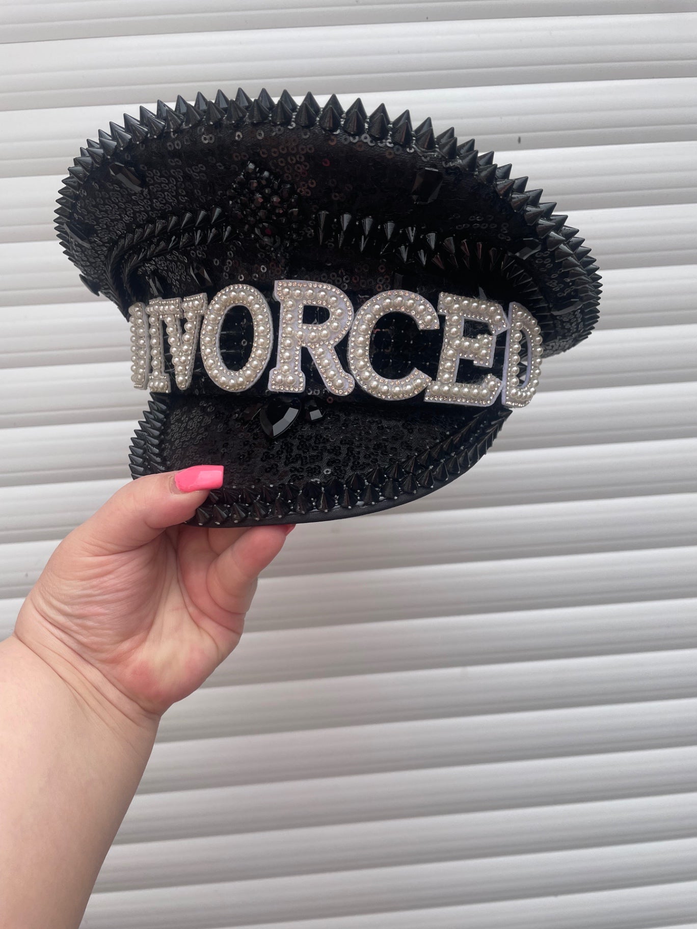 “DIVORCED" Pearl & Rhinestone Black Sequin Spiked Captain's Hat