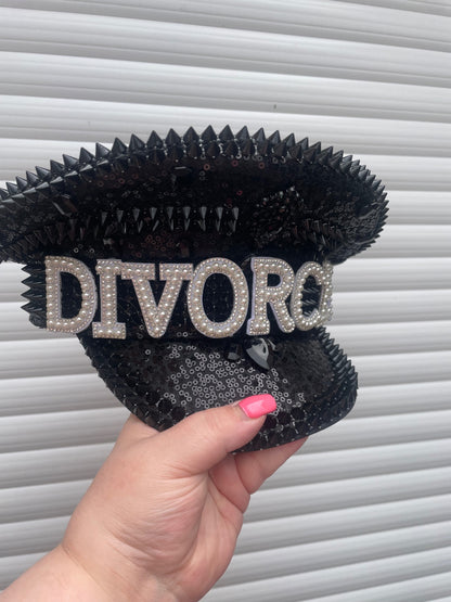 “DIVORCED" Pearl & Rhinestone Black Sequin Spiked Captain's Hat