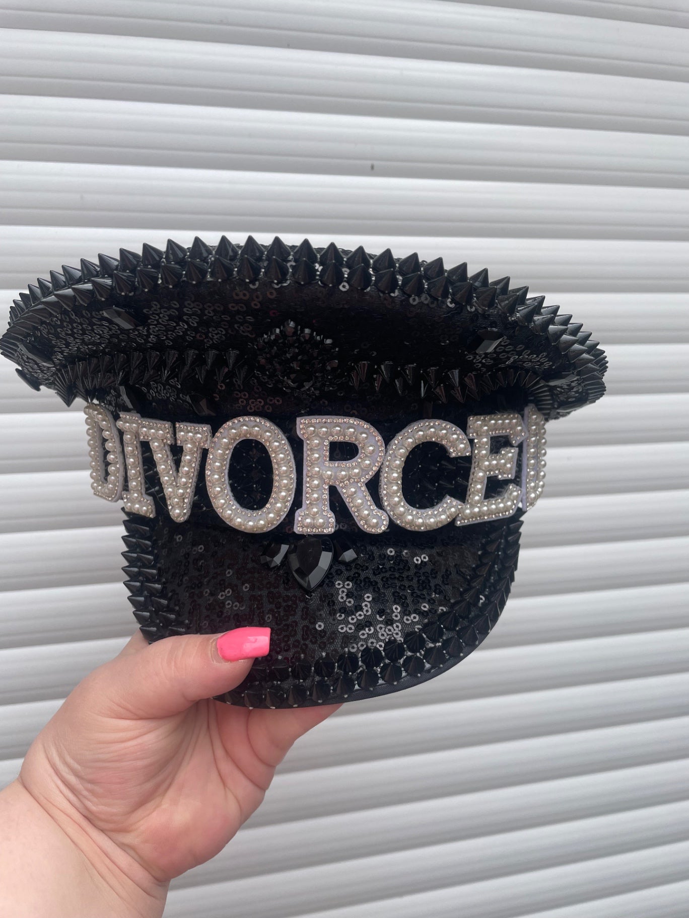 “DIVORCED" Pearl & Rhinestone Black Sequin Spiked Captain's Hat
