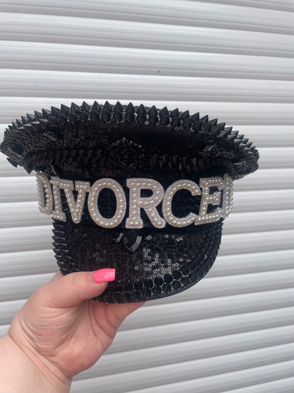 “DIVORCED" Pearl & Rhinestone Black Sequin Spiked Captain's Hat