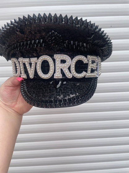 “DIVORCED" Pearl & Rhinestone Black Sequin Spiked Captain's Hat