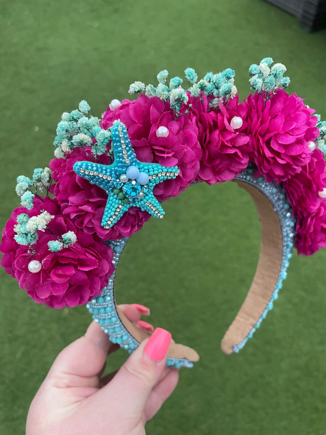 Beaded Starfish & Magenta Flower Headband