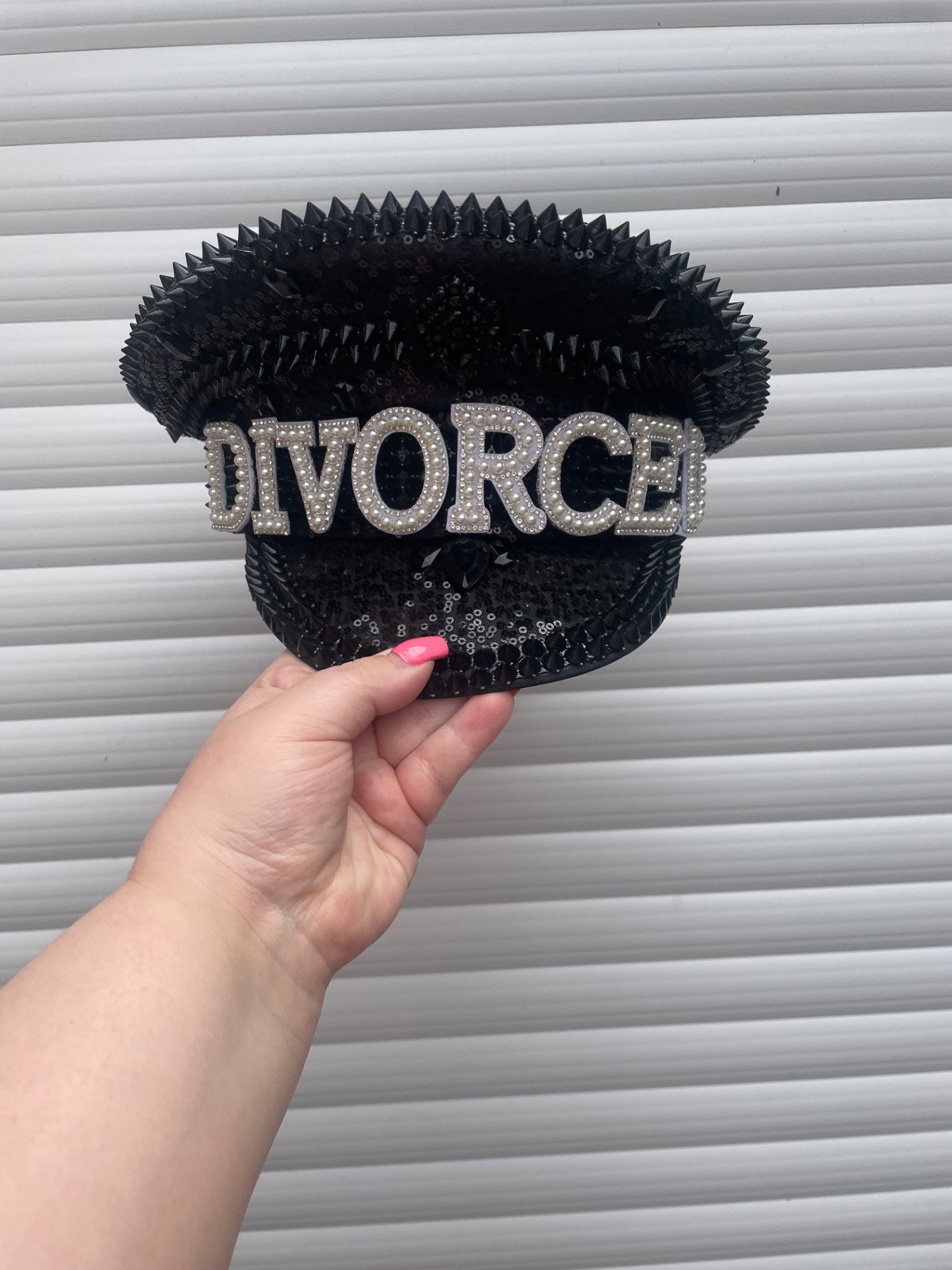 “DIVORCED" Pearl & Rhinestone Black Sequin Spiked Captain's Hat