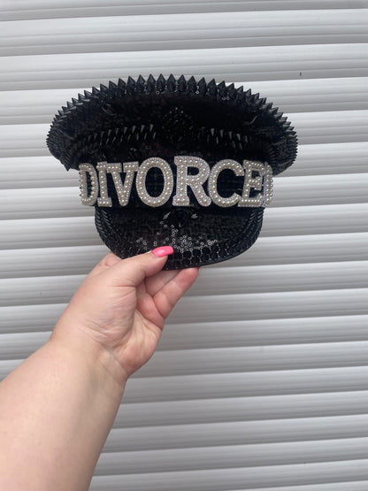 “DIVORCED" Pearl & Rhinestone Black Sequin Spiked Captain's Hat