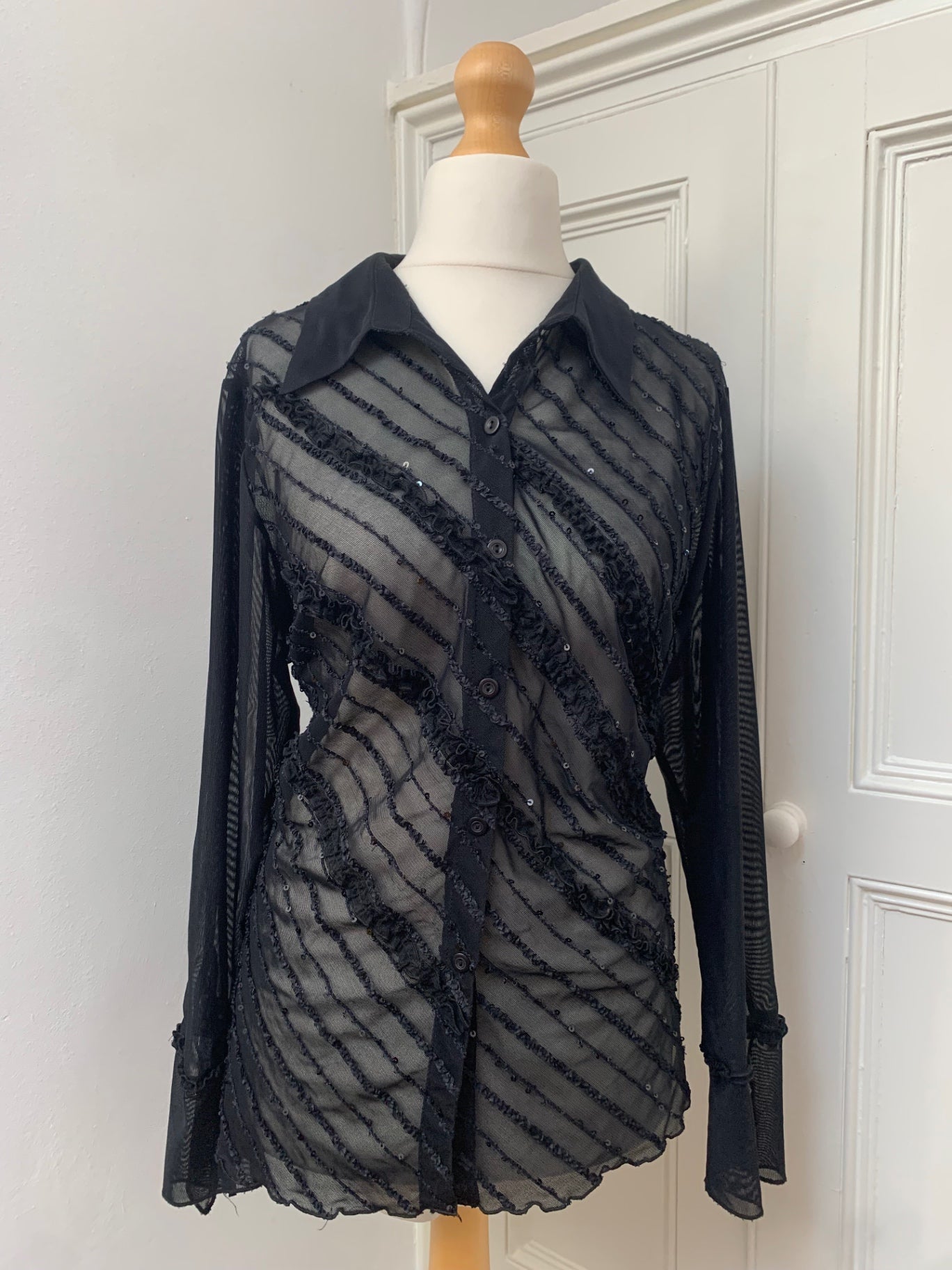 black sequin ruffle sheer shirt 