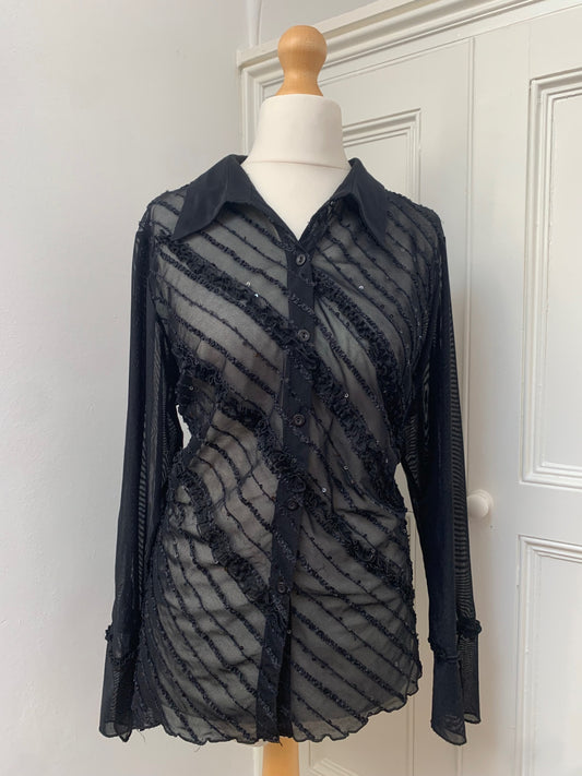 black sequin ruffle sheer shirt 