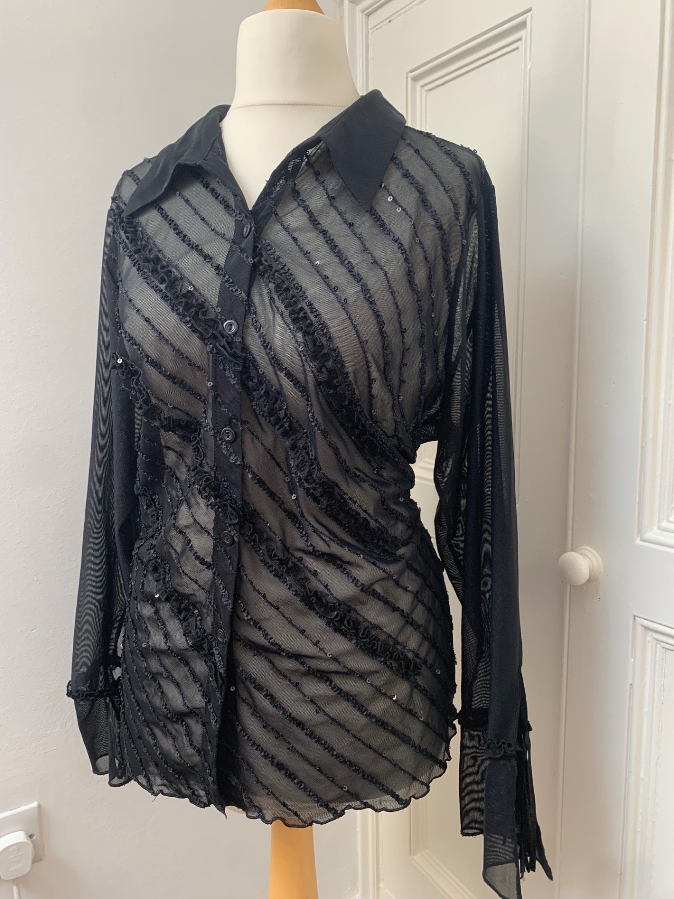 black sequin ruffle sheer shirt 