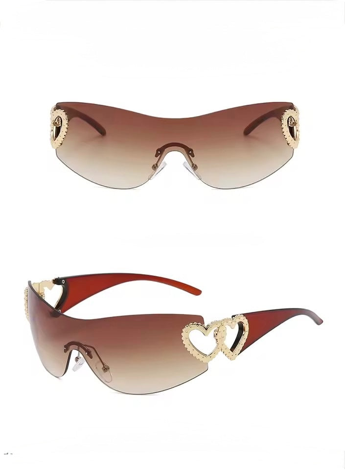 Crystal Heart Wraparound Sunglasses Tan 