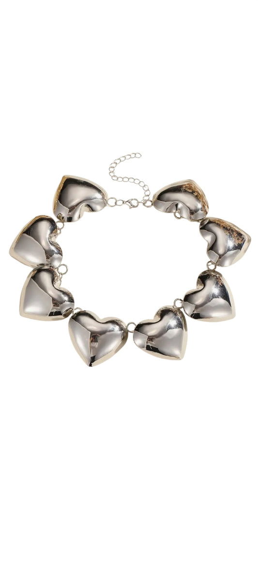 Silver Chunky Heart Collar Necklace 
