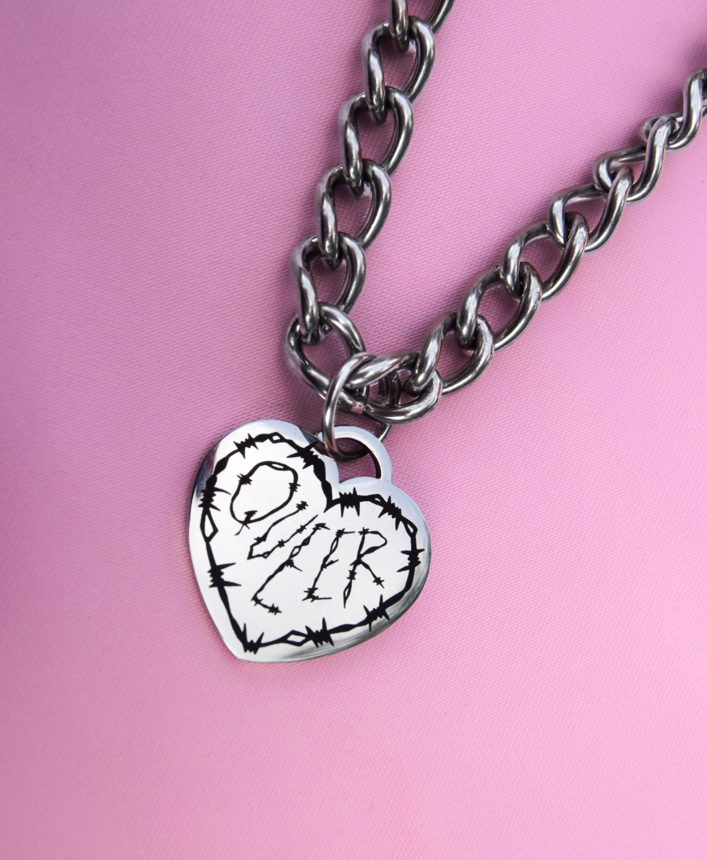 Queer engraved heart on a chunky chain necklace in 304 stainless steel 