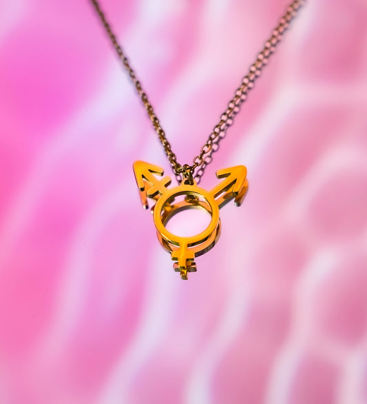 Transgender symbol necklace in gold plated 304 stainless steel.