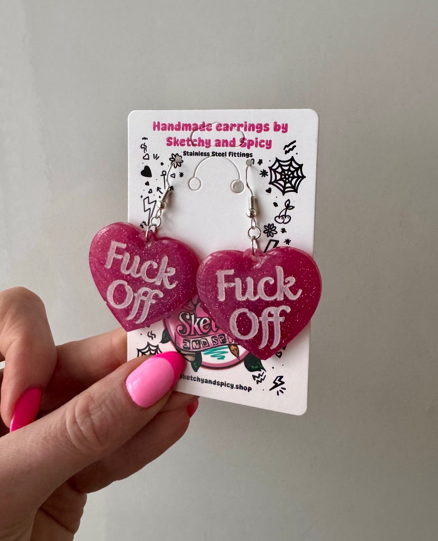 Pink Glitter ‘Fuck Off’ Heart Earrings