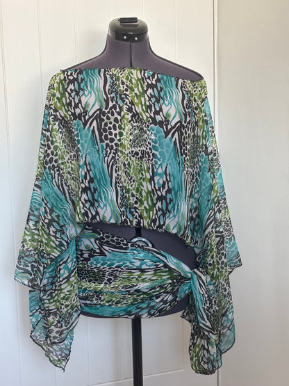 blue chiffon poncho top & sarong mini skirt set