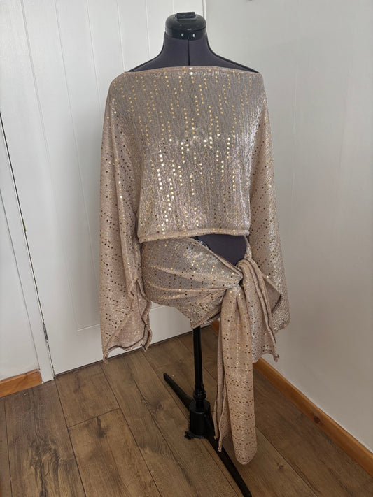 Gold poncho top and sarong skirt set