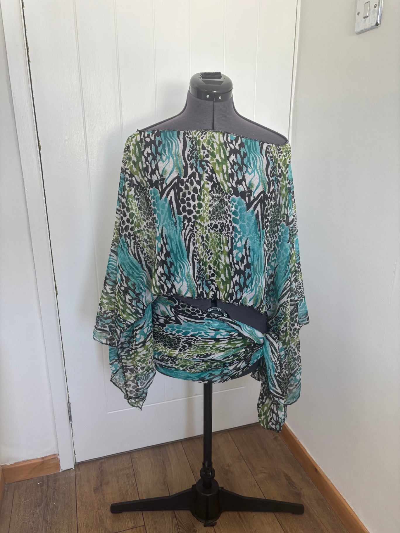 blue chiffon poncho top & sarong mini skirt set