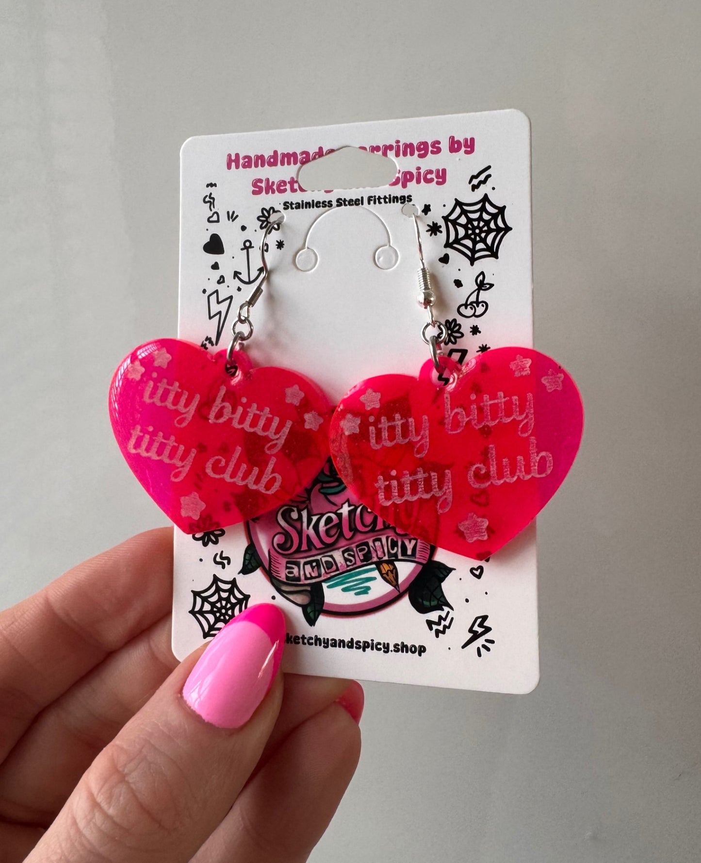 Pink ‘Itty Bitty Titty Club’ Heart Earrings