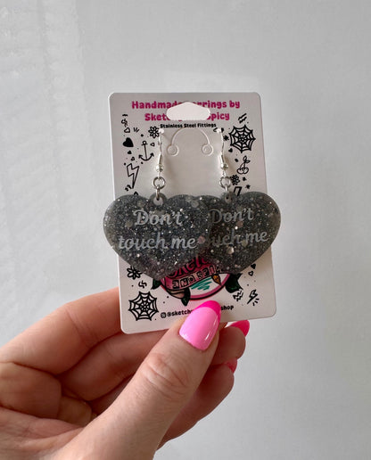 Silver Glitter ‘Don’t Touch Me’ Heart Earrings