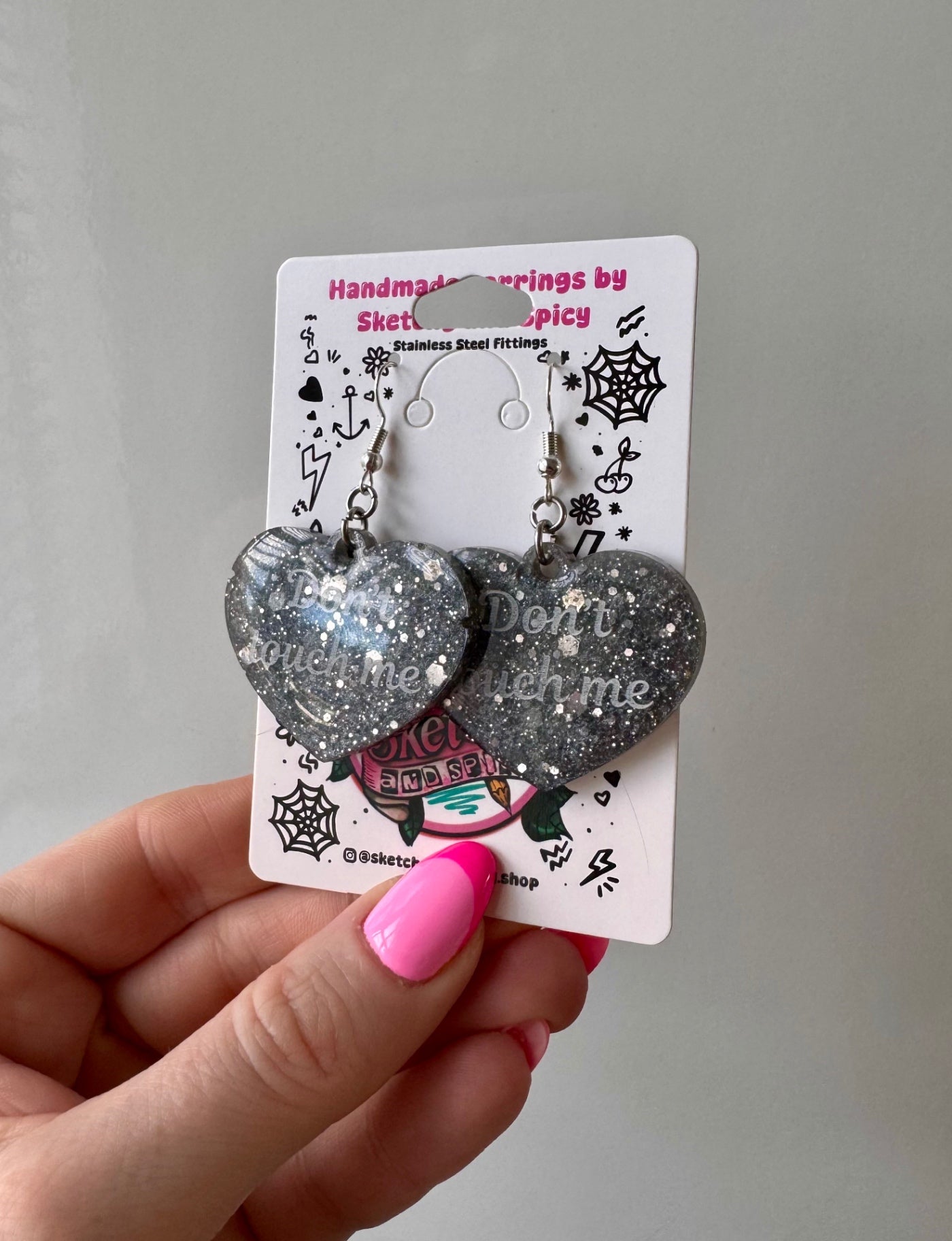 Silver Glitter ‘Don’t Touch Me’ Heart Earrings