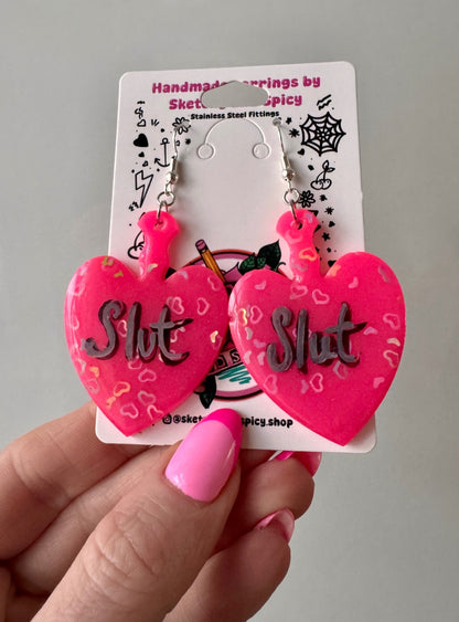 Hot Pink Heart Glitter Slut Earrings