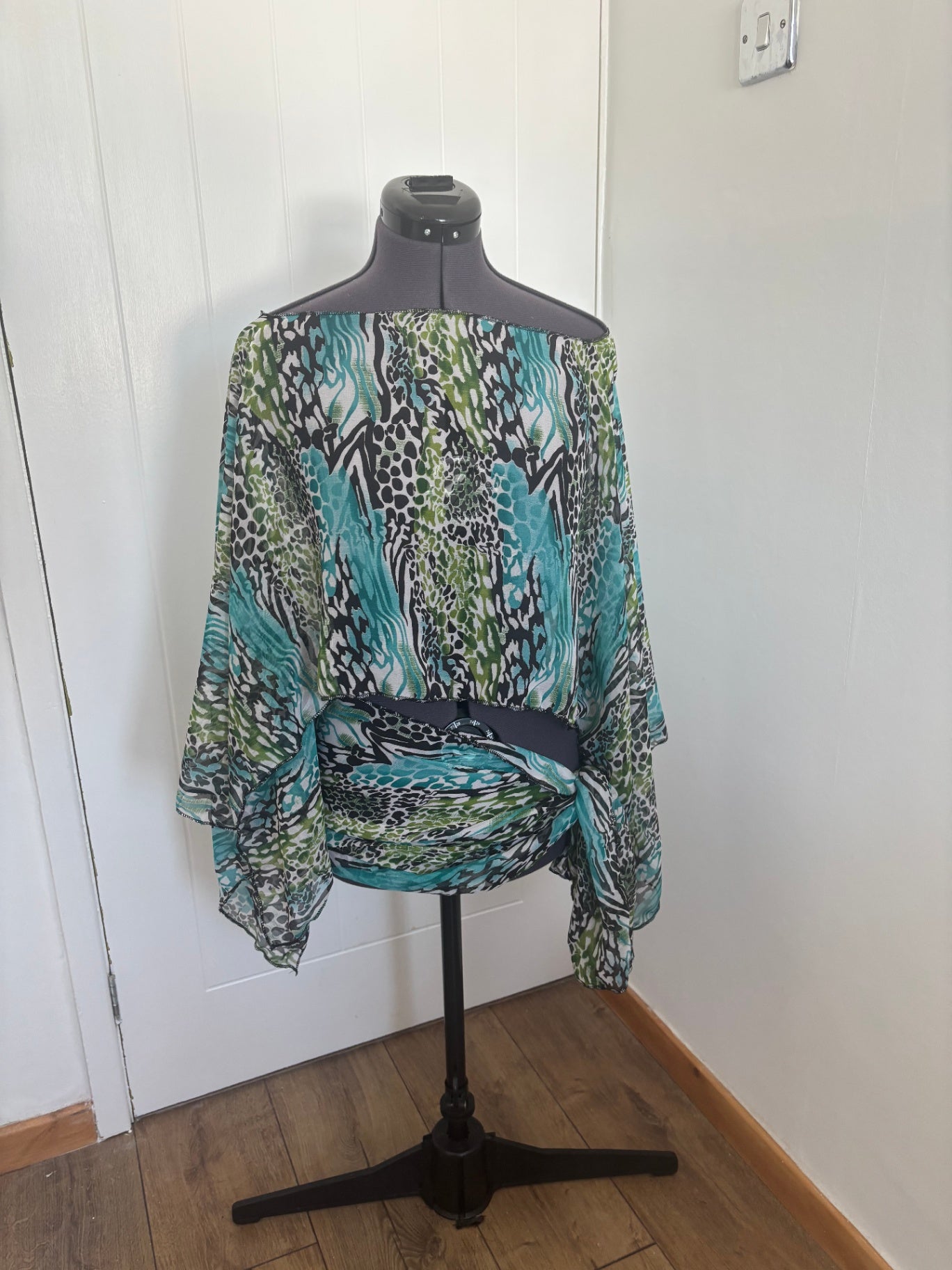 blue chiffon poncho top & sarong mini skirt set