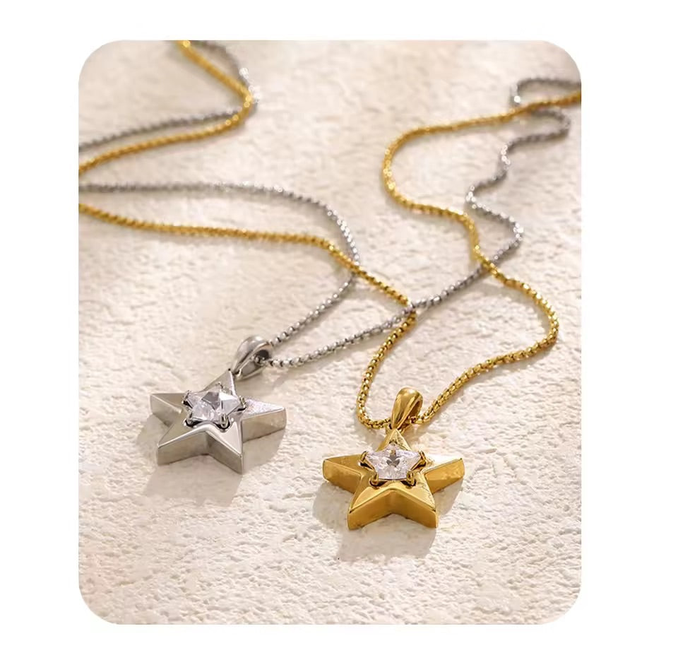 Crystal North Star Pendant Necklace Silver 