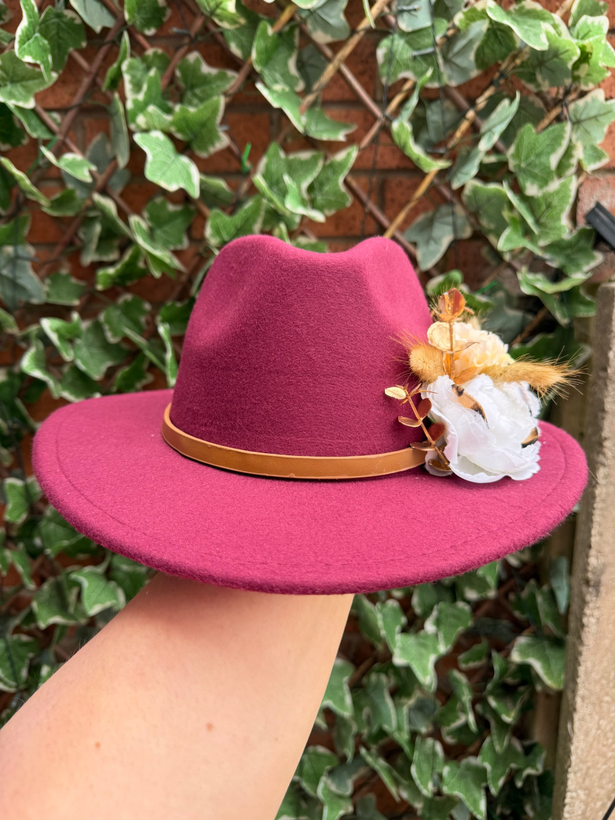 Burgundy embellished fedora hat 