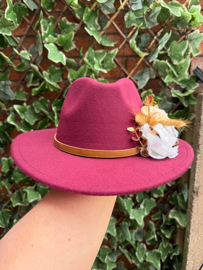 Burgundy embellished fedora hat 