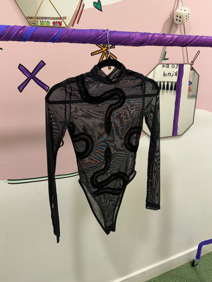 Snake Embossed mesh Body Suit Top