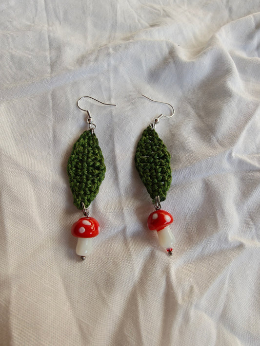 Crochet leaf and glass mushroom bead earrings 