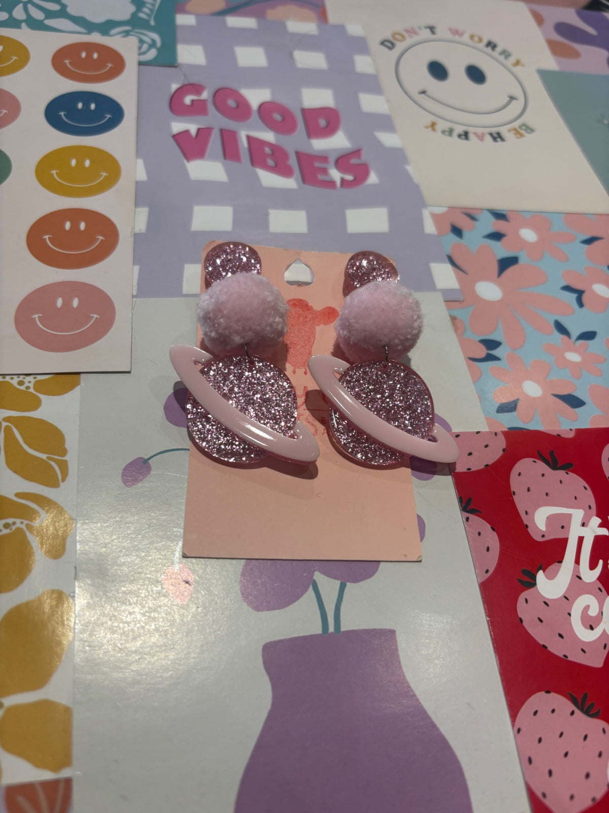 Pink Glitter Planet Pom Pom Stack Earrings
