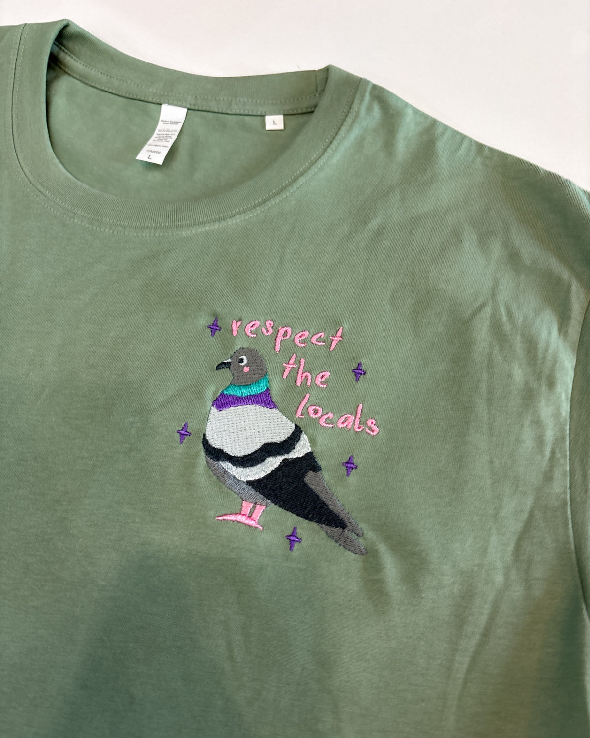 Pigeon 'Respect The Locals' Embroidered Unisex T-Shirt MEDIUM
