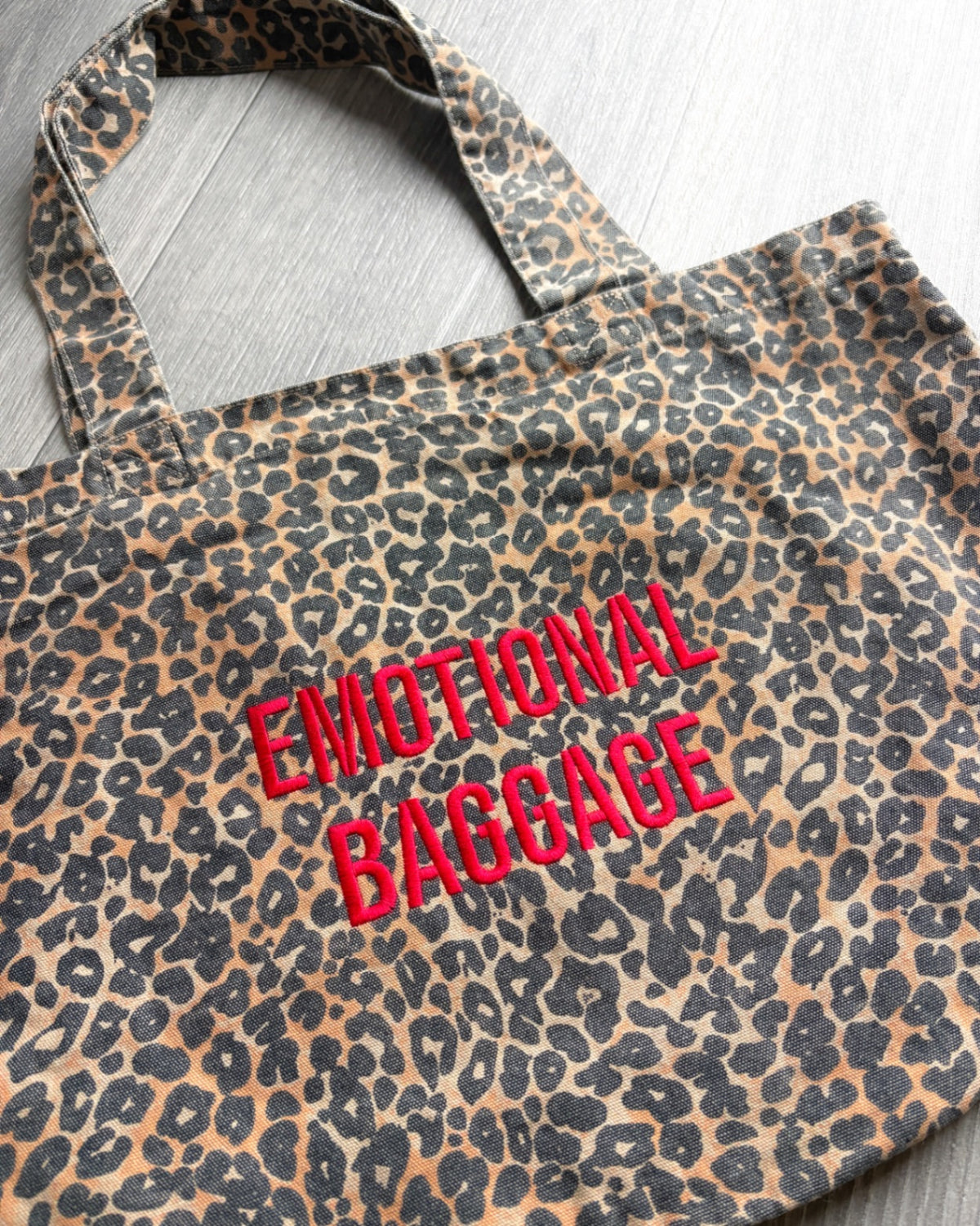 Emotional Baggage embroidered leopard print tote bag